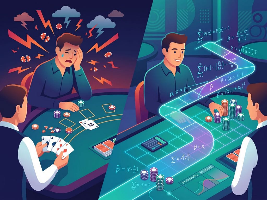 블랙잭 연패 상황에서 감정적인 베팅 대신 수학적 확률과 전략을 기반으로 침착하게 대응하여 수익을 내는 모습.