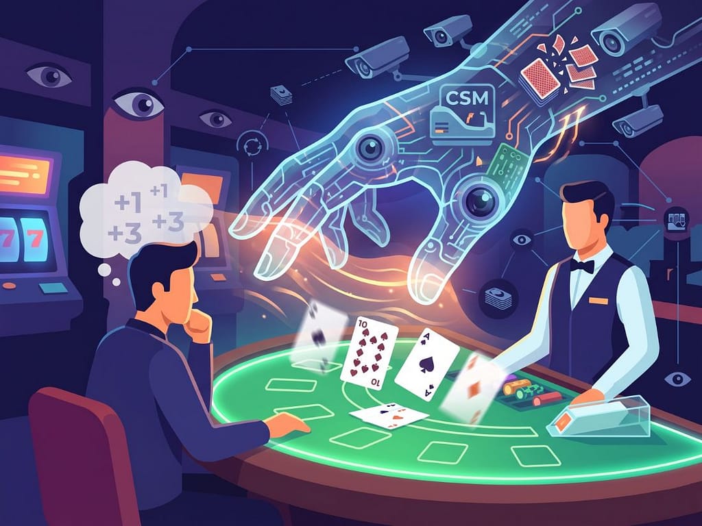 블랙잭 테이블 위로 거대한 투명 핸드가 내려와 플레이어의 카드 카운팅 생각을 Neutralize하는 모습.