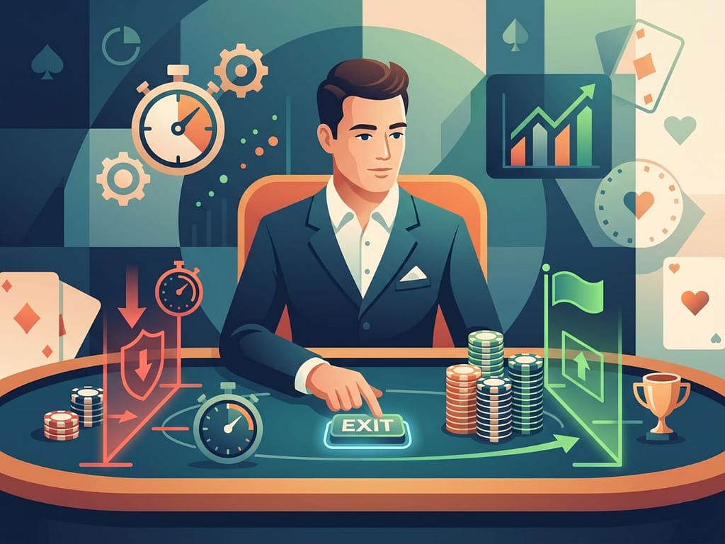 블랙잭 테이블에서 남성이 손절 라인과 익절 타이밍 지점을 지나 EXIT 버튼을 누르며 침착하게 종료하는 장면.