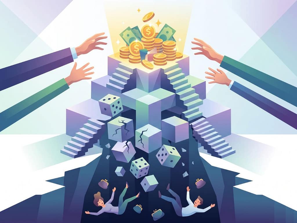 고수익 고배당 구조의 부를 향해 뻗은 손들과 무너져 내리는 함정에서 떨어지는 사람들.