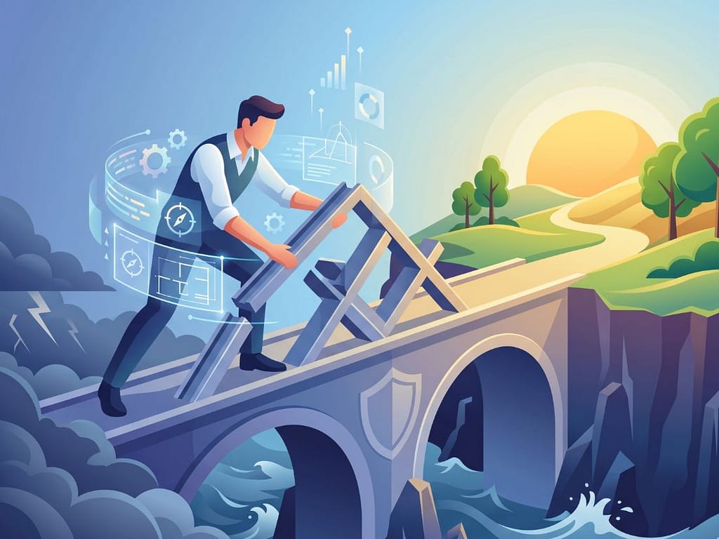 폭풍우 치는 절벽에서 리스크 관리를 상징하는 다리를 건설하여 성공적인 투자 결과에 도달하는 전략가.