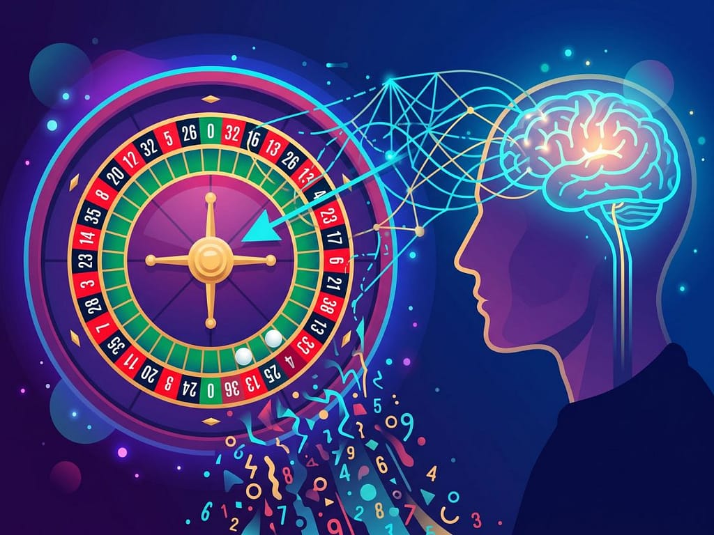 룰렛 패턴 예측을 시도하는 인간의 뇌와 깨지는 예측 구조, 무작위 데이터 흐름을 묘사.