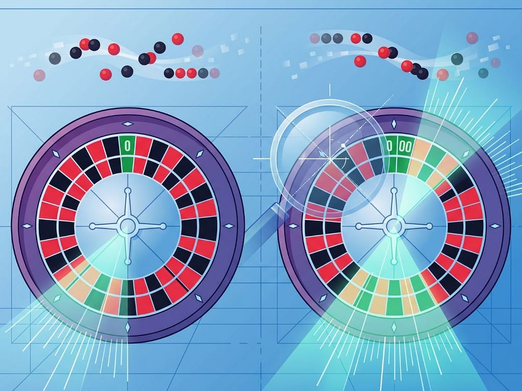 싱글 제로(0)와 더블 제로(00) 칸의 구조적 차이를 돋보기로 강조하는 룰렛 휠 비교 분석.