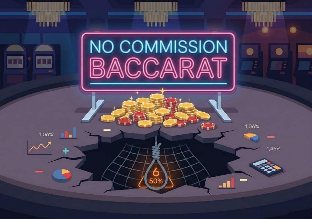 화려한 노 커미션 바카라 네온사인 아래 테이블이 갈라지며 숨겨진 함정과 치명적인 하우스 엣지를 나타내는 위험 경고 모습