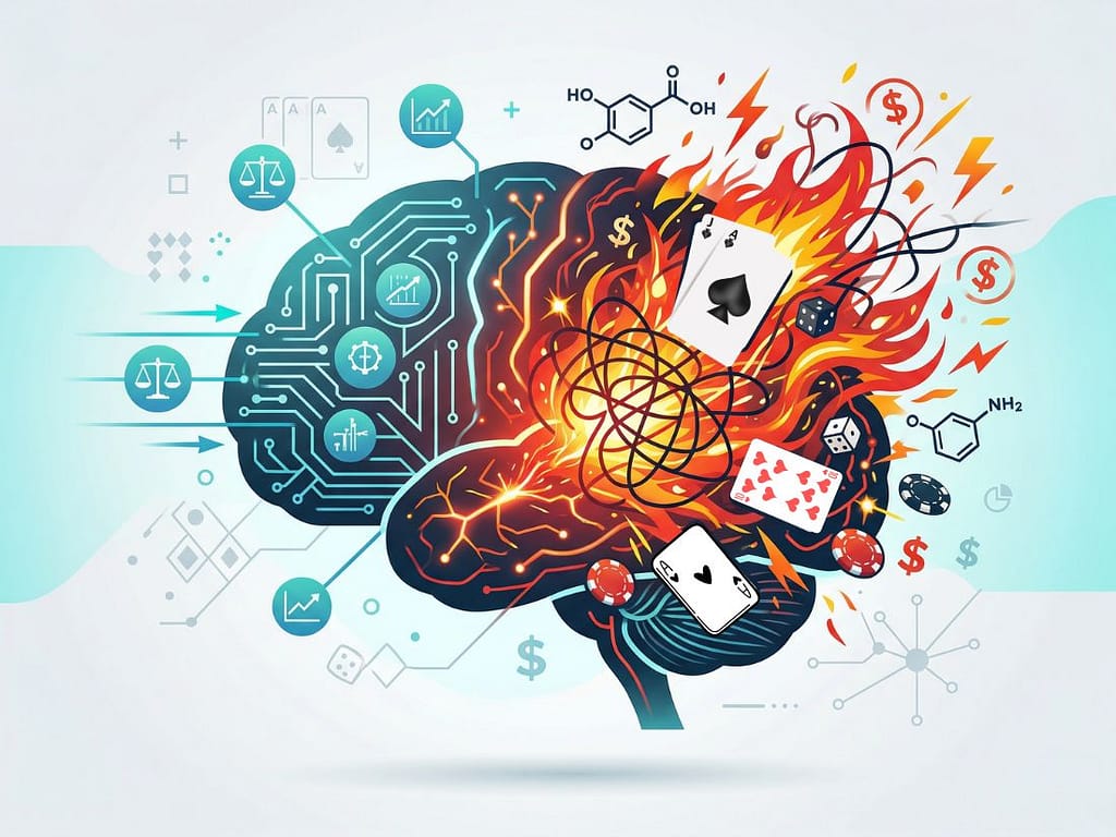 이성적인 회로와 감정적인 불꽃으로 나뉜 뇌 구조를 통해 바카라 분노 베팅의 원인을 시각화한 그래픽 이미지.