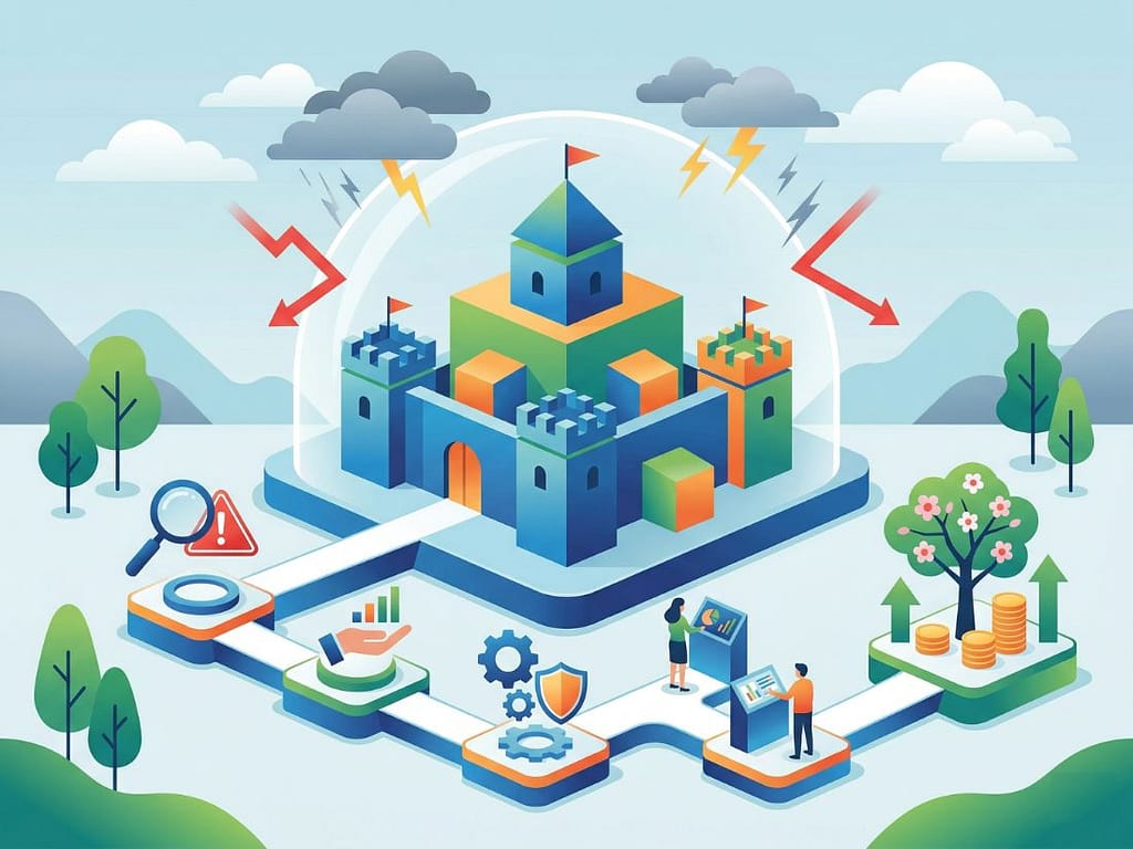 바카라 베팅 금액과 시드머니 관리를 위한 단계별 행동 원칙을 시각화한 리스크 방어 요새 그래픽.