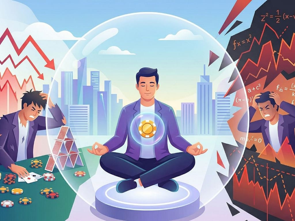 란스러운 환경 속에서도 보호막 안에서 평정심을 유지하며 바카라 배팅법 원칙을 지키는 사람의 모습.