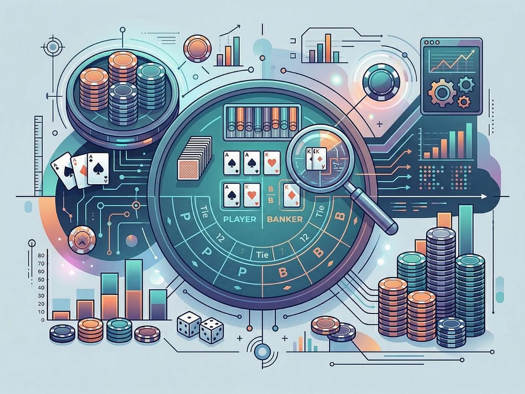 돋보기로 바카라 테이블을 분석하며 데이터 차트와 칩으로 카지노 승률을 최적화하는 모습.