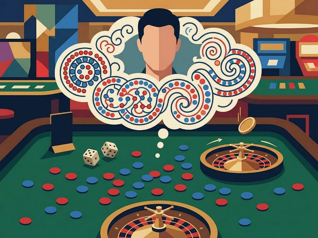 카지노 게임의 무작위 데이터 속에서 복잡한 규칙을 찾으려는 플레이어의 심리적 환상. 바카라 패턴 분석이 예측에 도움이 되지 않는 이유를 상징하는 시각 자료