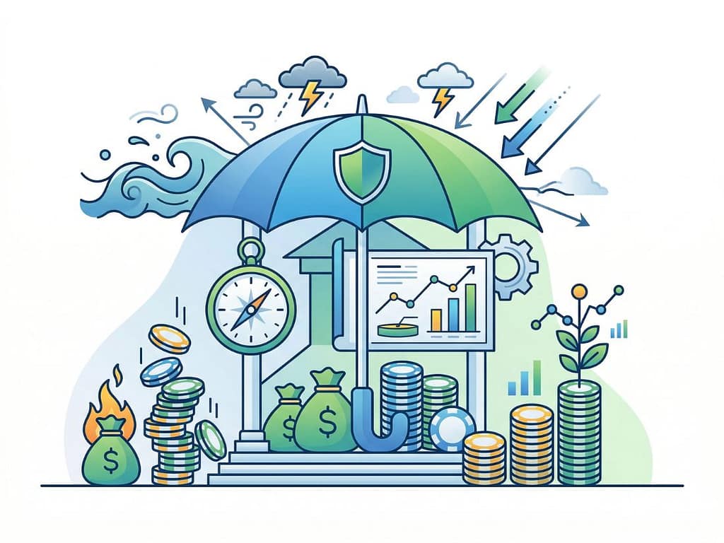 바카라 시드머니 관리를 상징하는 우산이 변동성으로부터 자금을 보호하며 안정적인 성장을 도모하는 리스크 관리 그래픽.