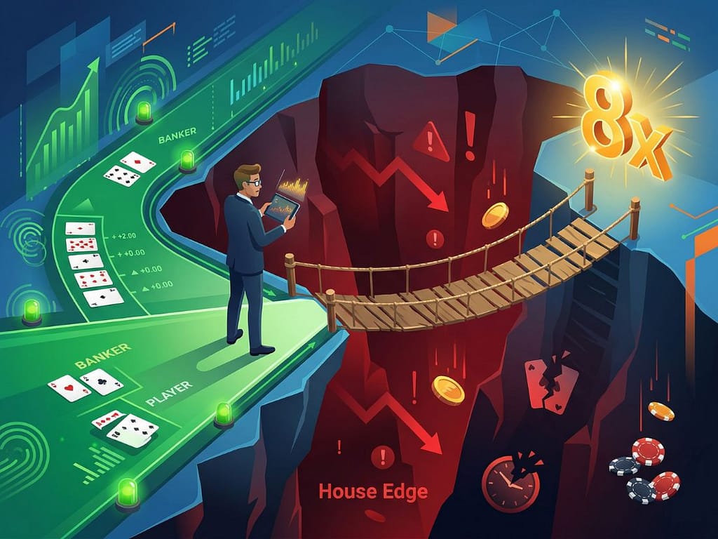 바카라 사이드 베팅 타이 8배당의 수학적 함정과 높은 하우스 엣지 리스크를 보여주는 분석 자료.
