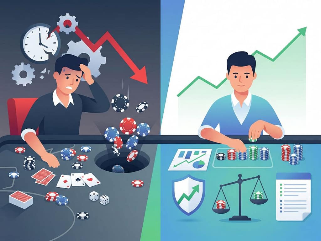 감정적인 베팅으로 시드머니가 바닥나는 상황과 바카라 시스템 베팅을 통해 자본을 체계적으로 관리하는 모습을 대비한 분석 이미지