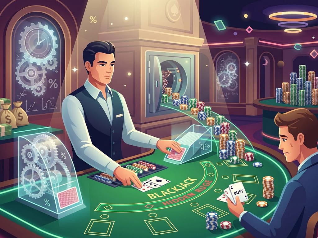 블랙잭 테이블에서 딜러의 카드를 보며 플레이어가 버스트 패를 들고 고민하고, 배경에 하우스 엣지를 상징하는 톱니바퀴가 있는 카지노.