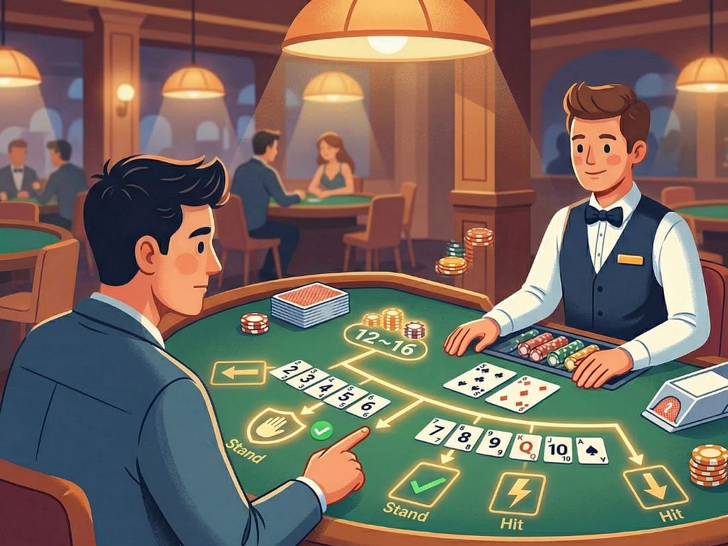 딜러 카드에 따른 블랙잭 힛 스탠드 상황별 정석 플레이를 시각적으로 정리한 가이드