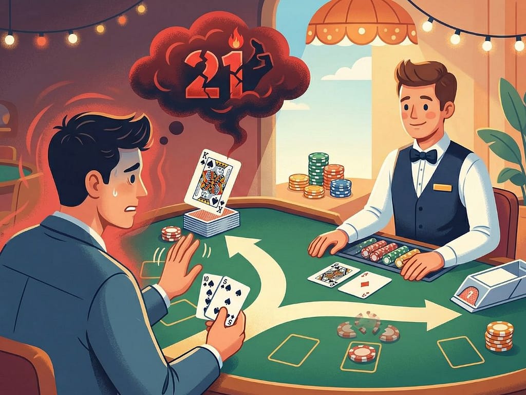 블랙잭 힛 스탠드 결정 상황에서 버스트 공포를 느끼며 불안해하는 플레이어 심리 묘사 일러스트