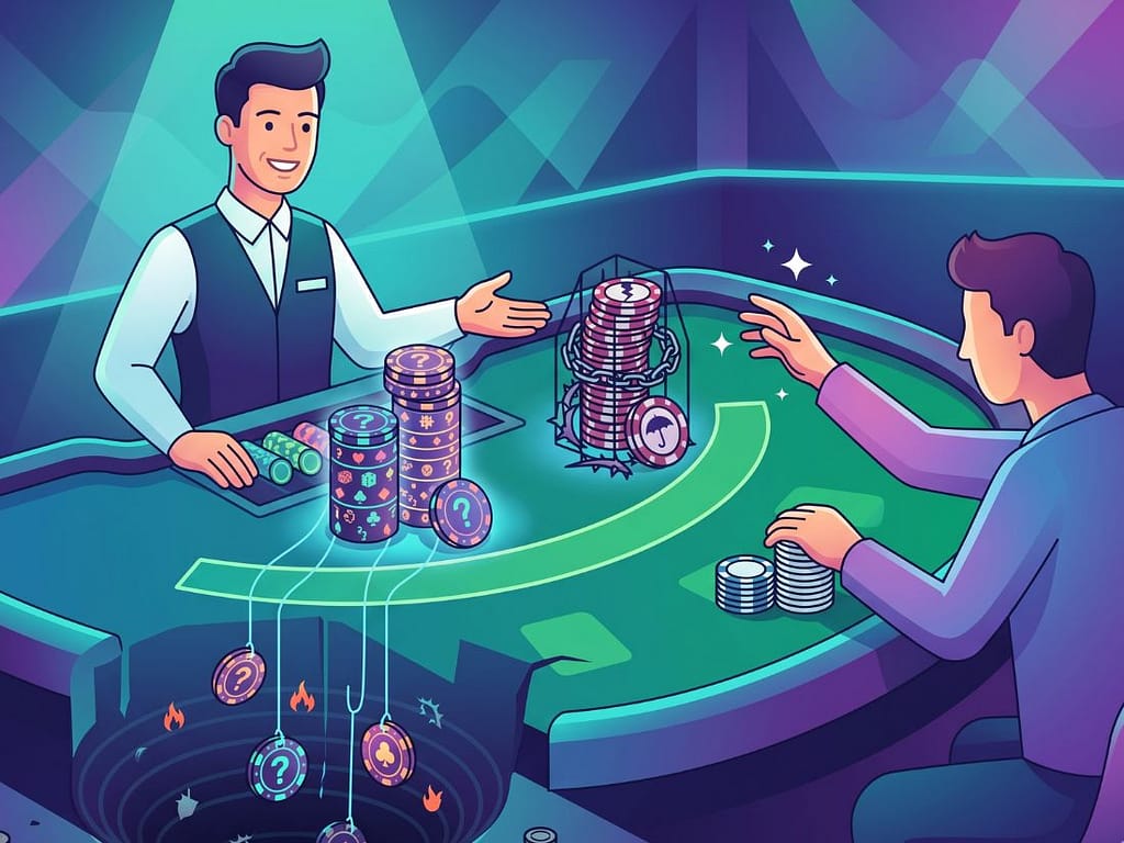 블랙잭 테이블에서 낚시줄에 걸린 매력적인 미끼 칩이 심연으로 칩을 끌어내리고, 플레이어는 케이지에 갇히는 보험 칩에 손을 뻗는 함정 묘사.