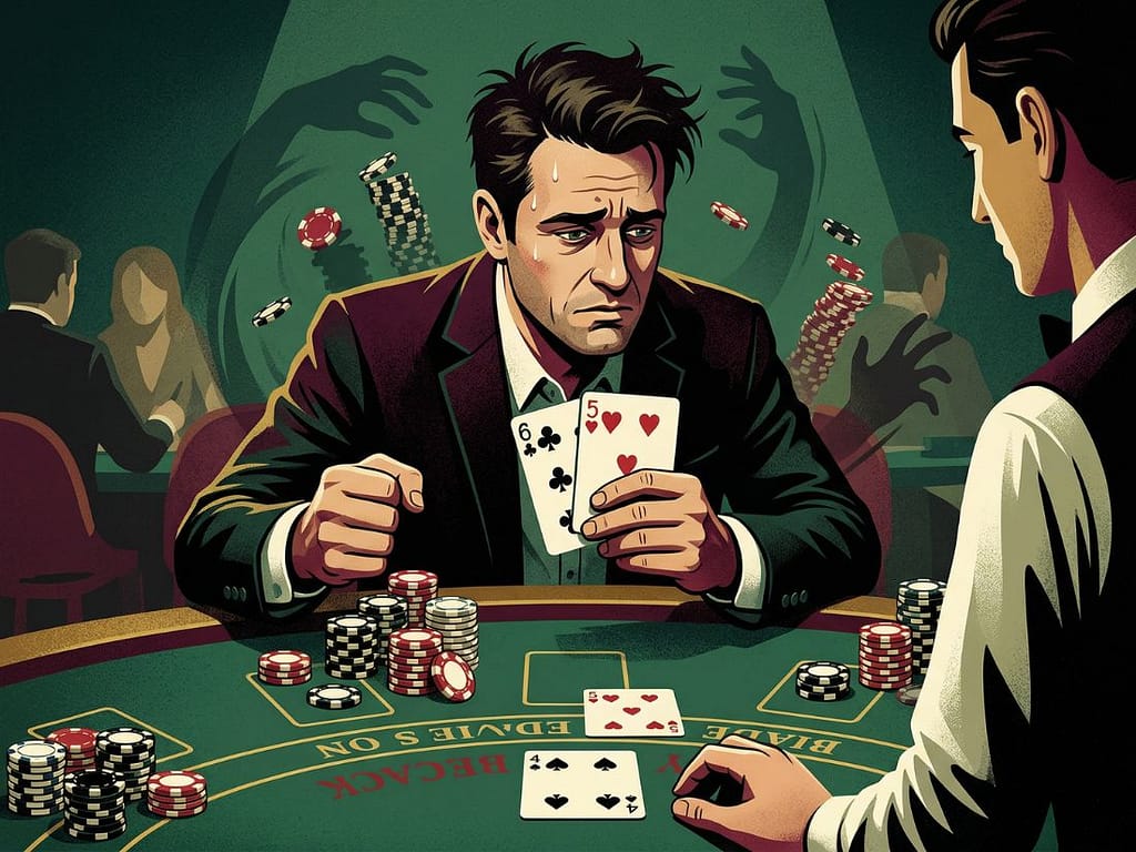 카지노 전략 연구소에서 분석한 블랙잭 더블다운 타이밍 상황에서 플레이어가 하드 11(6과 5)이라는 최적의 핸드를 쥐고도 심리적 공포로 베팅 칩을 움켜쥐며 망설이는 장면