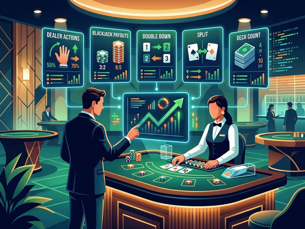 블랙잭 테이블에서 배당률과 딜러 규칙 등 승률 최적화에 필요한 세부 데이터들을 분석하며 게임 전략을 세우는 모습.