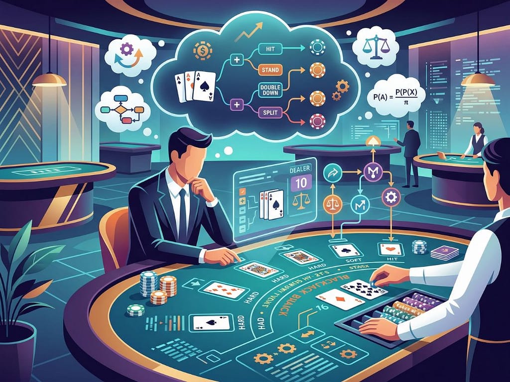 블랙잭 규칙에 따라 히트, 스탠드 등 최적의 전략적 의사결정을 내리는 플레이어의 분석적인 모습.