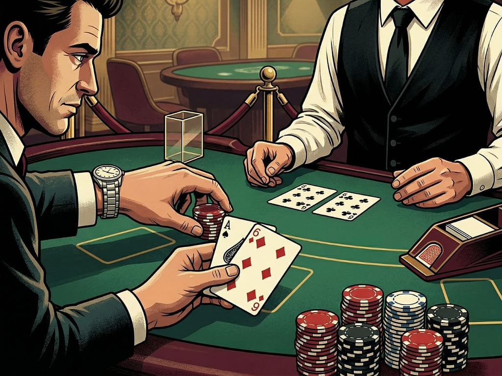 블랙잭 더블다운 타이밍 중 소프트 핸드(A, 6)를 쥐고 딜러의 약점 카드인 6을 확인한 플레이어가 과감하게 칩을 추가하는 전략적 장면