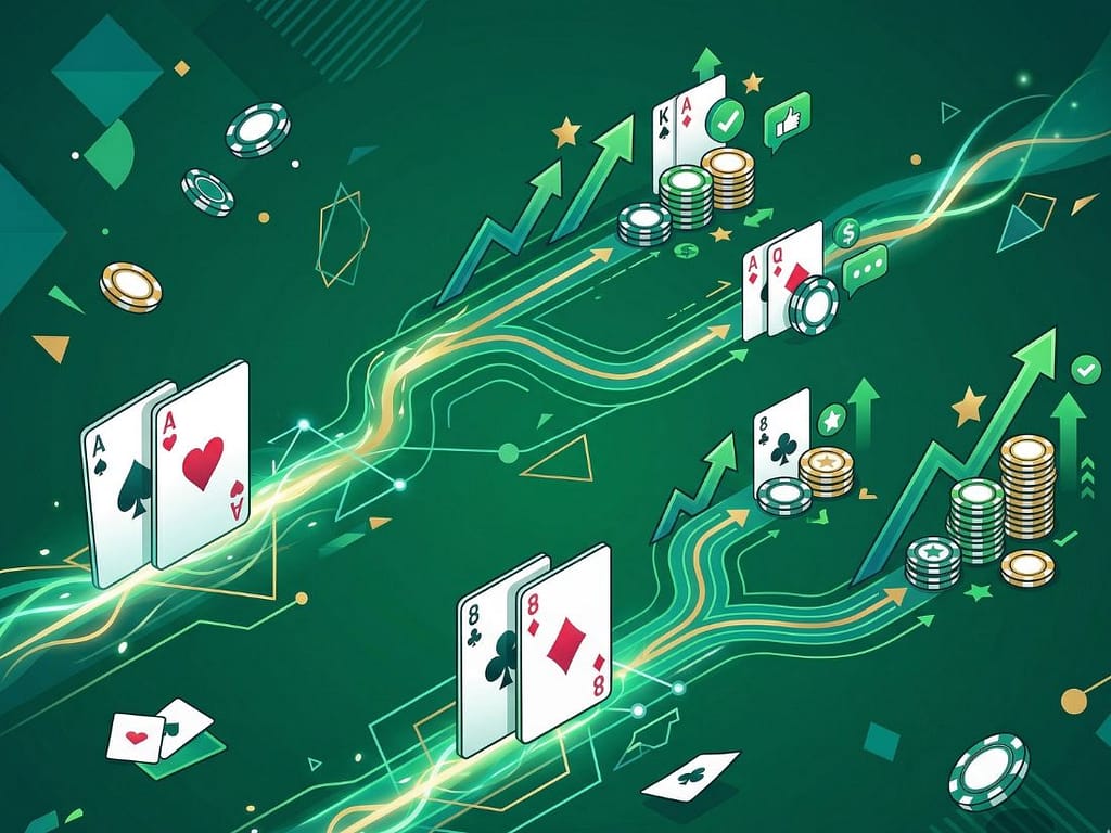 블랙잭 스플릿 전략 중 필수적인 에이스와 8 페어 분할을 통한 승률 최적화 과정을 묘사한 시각 자료