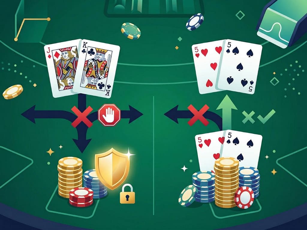 블랙잭 스플릿 전략 중 10 페어와 5 페어를 분할하지 않고 유지하여 자산을 보호하는 방식을 설명하는 시각 자료