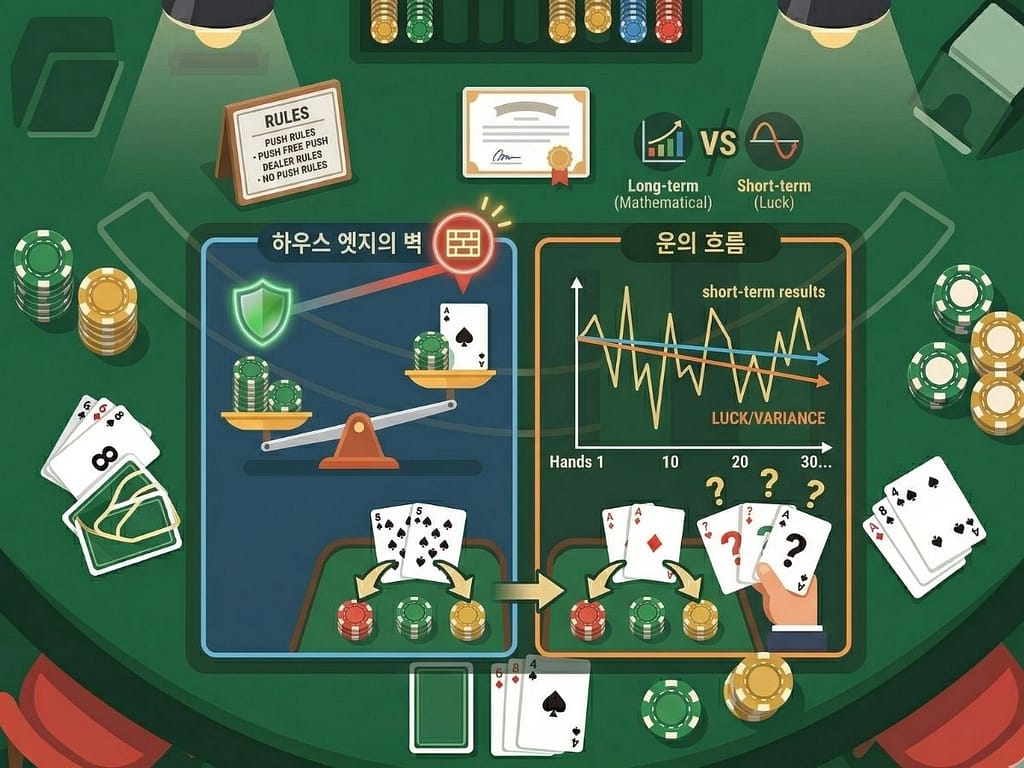 하우스 엣지와 변동성 등 블랙잭 전략의 수학적 한계를 설명하는 이미지