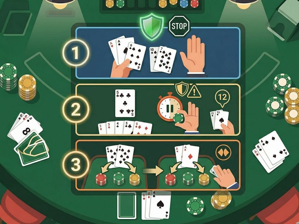 블랙잭 실전에서 즉각 활용 가능한 3대 핵심 원칙 요약 인포그래픽