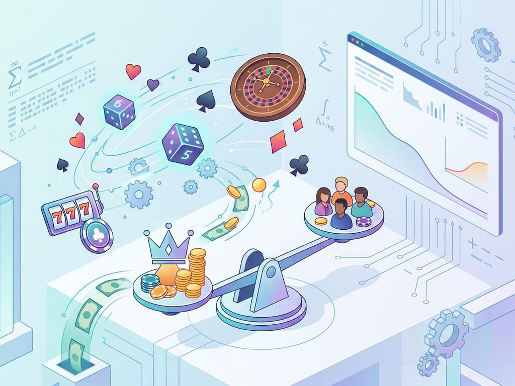 저울 위에 플레이어 그룹과 카지노 측의 금화가 놓여 있으며, 주사위와 룰렛 등 카지노 확률 도구와 차트가 이를 설명합니다.