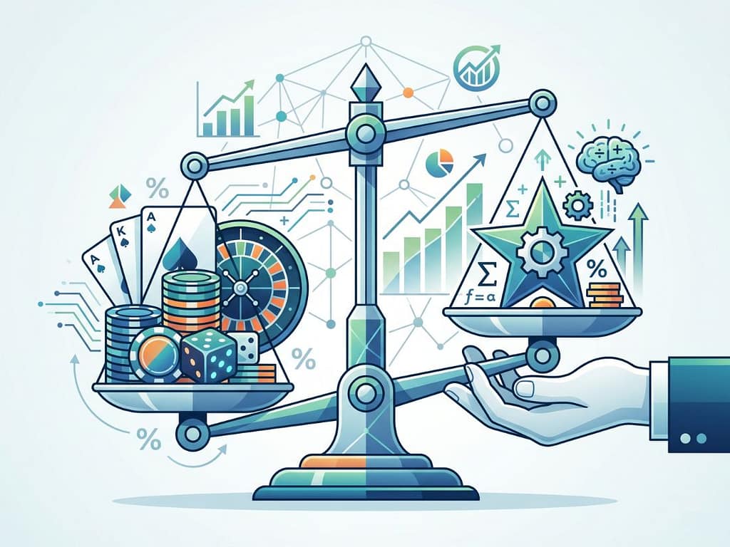 저울 위에 놓인 카지노 칩과 수학 공식 기호들을 통해 카지노 게임 기대값의 개념을 시각적으로 표현한 모습.