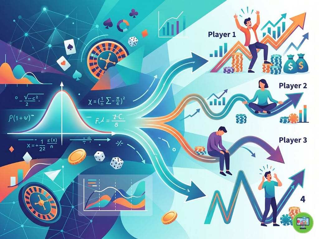 동일한 확률 분포에서 시작해 변동성에 따라 각기 다른 승패 경로를 그리는 플레이어들의 결과 차이 묘사.