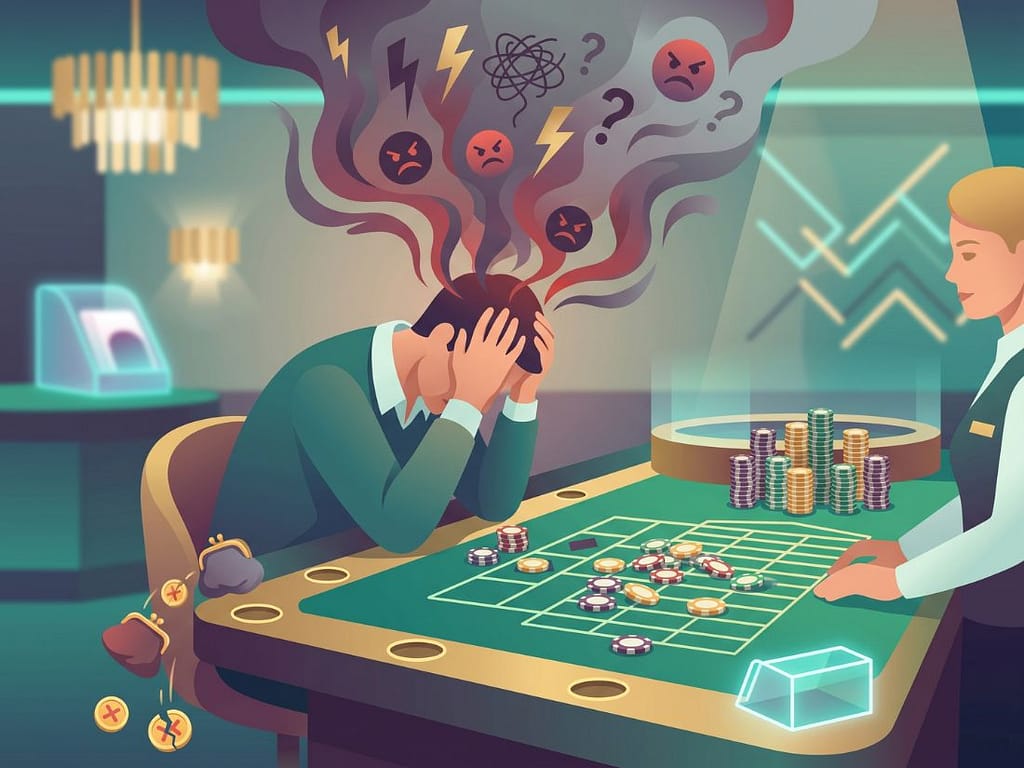카지노 테이블에서 멘탈 관리와 자금 관리에 실패하여 흩어진 칩 앞에서 절망하는 플레이어. 머리 위로 분노와 혼란의 구름이 피어오릅니다.