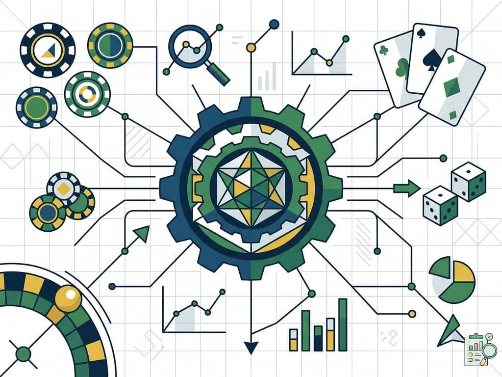 중앙의 기계 장치와 연결된 카드, 칩, 주사위, 룰렛 및 분석 그래프들이 카지노 확률 분석의 수학적 설계를 시각화함.