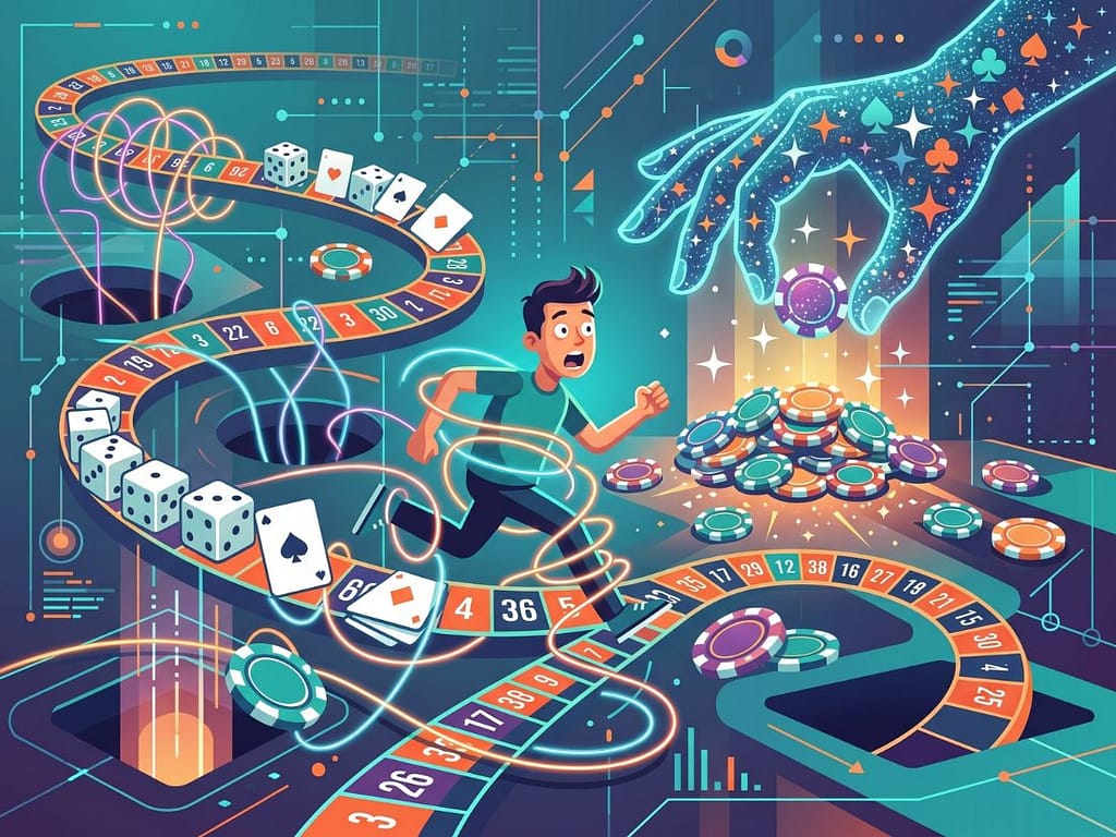 카지노 확률에 대한 오해로 룰렛과 주사위가 얽힌 길에서 혼란스러워하는 초보자의 모습.