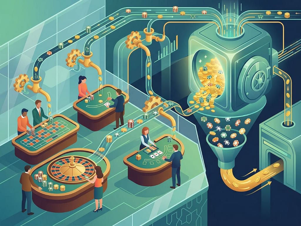 게임 테이블의 베팅금이 기계 장치를 거쳐 금화로 변하는 과정을 통해 하우스 엣지의 시스템적 수익 구조를 묘사한 화면.