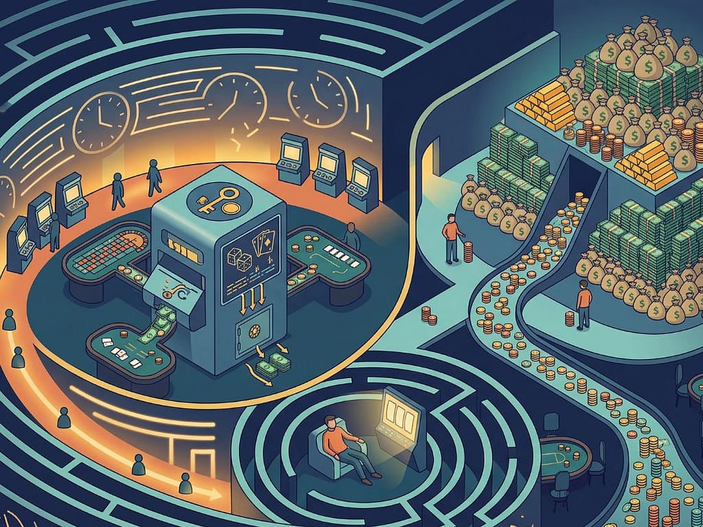 미로 같은 통로에서 베팅금이 중앙 장치로 모여 거대한 자금으로 쌓이는 과정을 통해 카지노 승률의 비밀을 묘사한 화면.