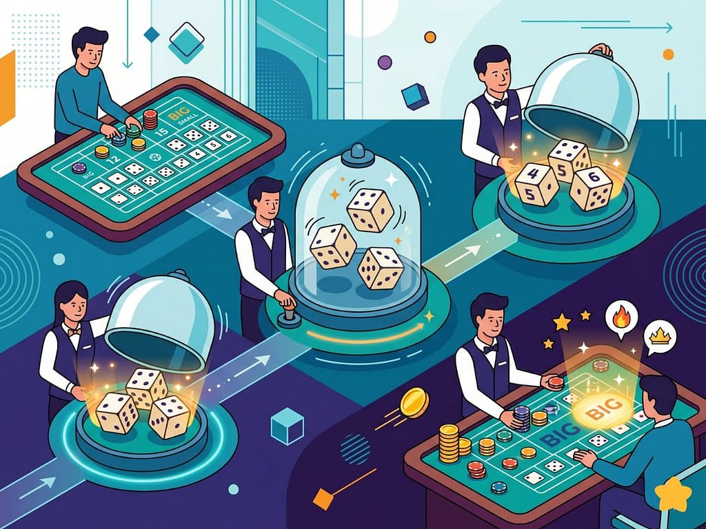 베팅부터 주사위 결과 확인, 당첨금 수령까지 단계별로 보여주는 식보 게임 진행 방법 순서도.