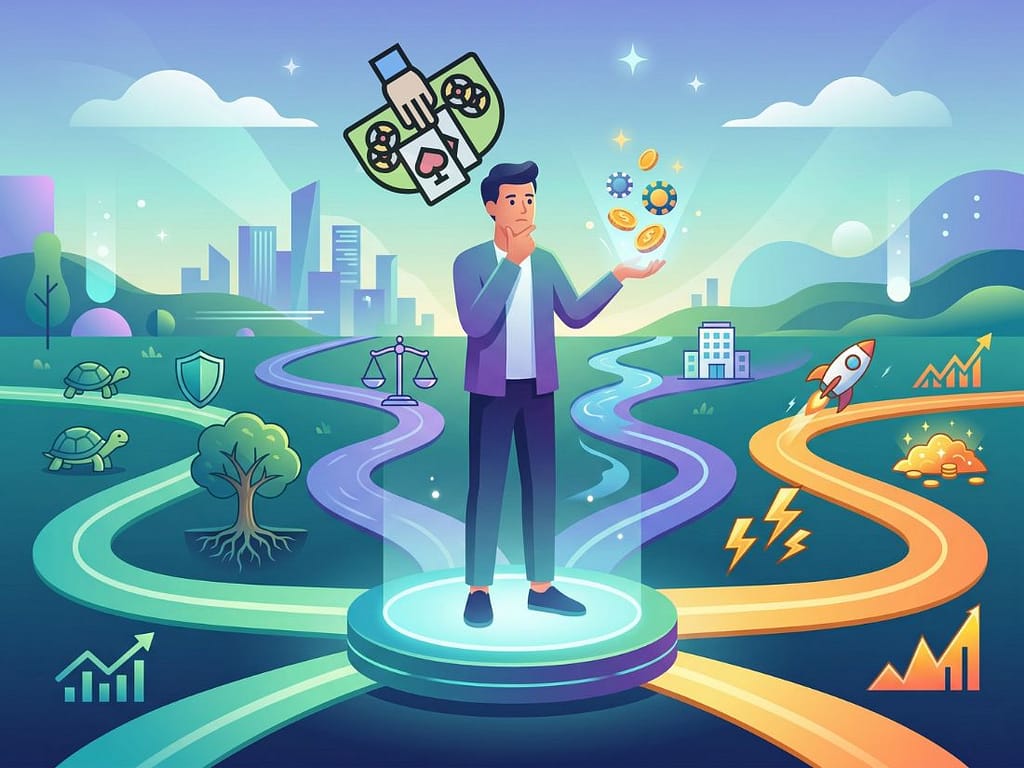 여러 갈래의 길 앞에서 고민하는 플레이어와 바카라 결과 카드. 자신에게 맞는 최적의 바카라 배팅법을 선택하는 과정을 시각화함.