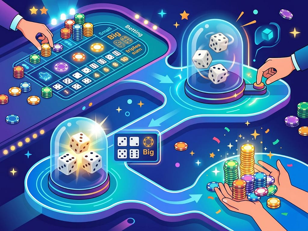 다이사이 게임 플레이 흐름을 베팅, 주사위 흔들기, 결과 확인, 정산 순서로 보여주는 시각 자료.