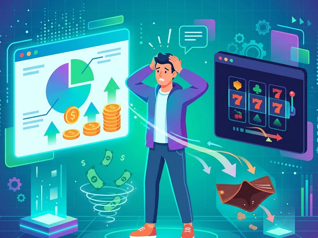 높은 환수율(RTP) 지표를 높은 당첨 확률 개념으로 혼동하여 괴로워하며 텅 빈 지갑을 확인하는 남성 캐릭터의 실수.