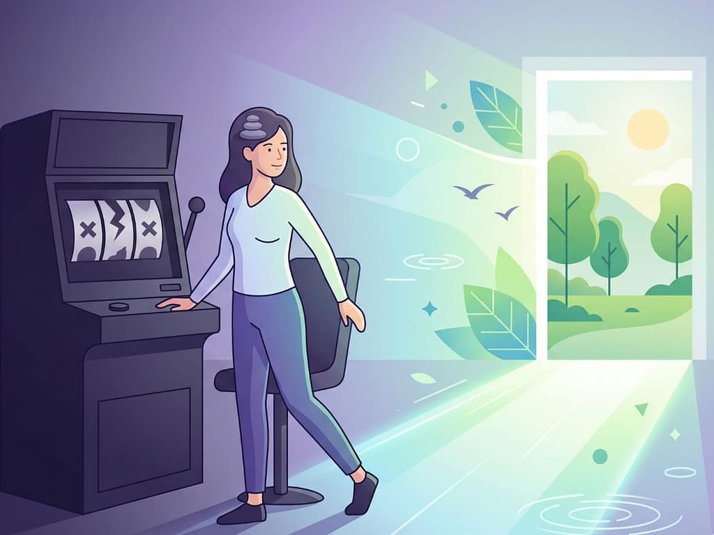 슬롯머신에서 돈을 잃은 여성이 평정심을 상징하는 쌓인 돌을 머리에 얹고 빛이 드는 문으로 걸어 나가는 모습.