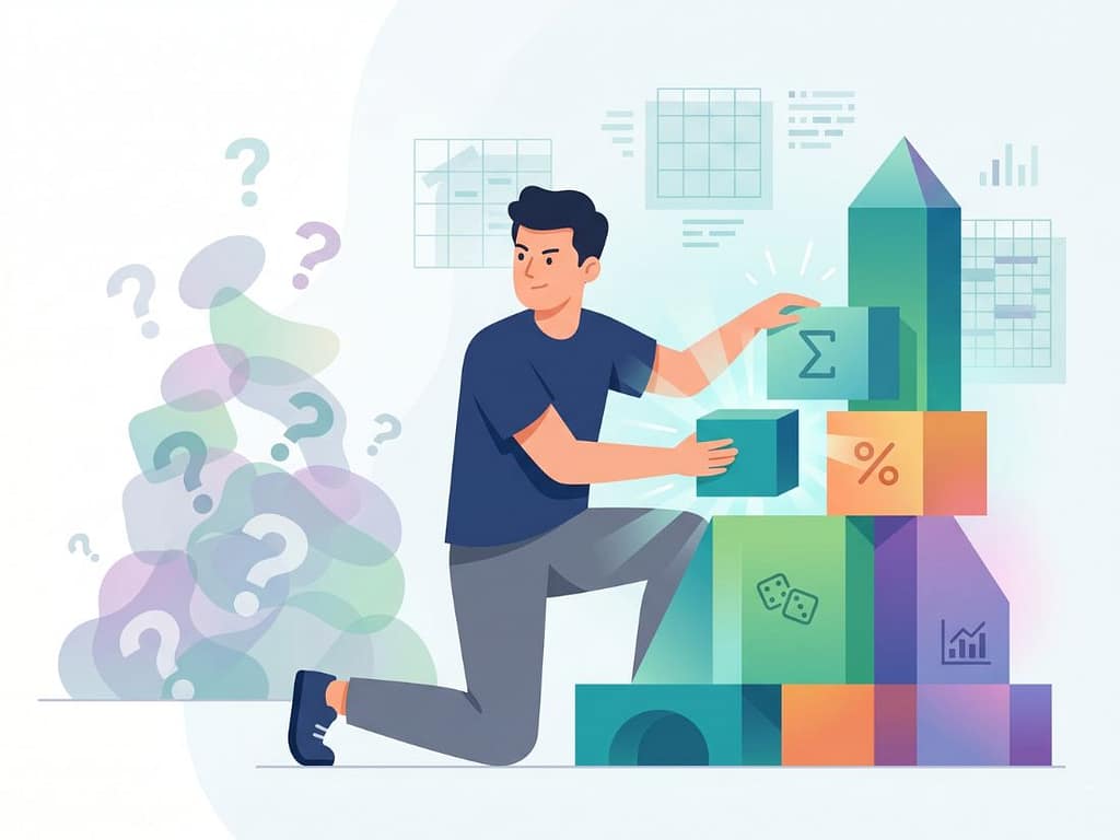 타인의 추천 대신 수학적 기호가 그려진 블록으로 나만의 기준을 세우는 모습. 데이터 기반 슬롯머신 고르는 법을 상징함.