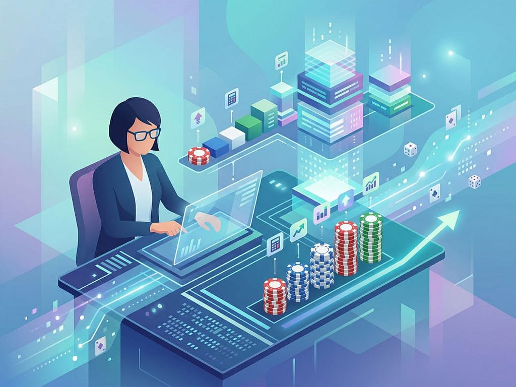 분석가가 홀로그램 터미널에서 내 지갑 사정에 맞춰 체계적으로 정리된 칩 스택과 최적의 자금 관리 기준표를 확인하는 그래픽.