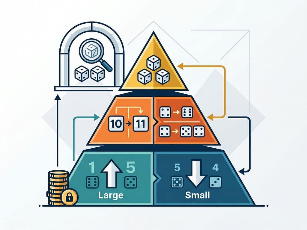 하우스 엣지가 낮은 대/소 베팅과 자산 관리 원칙을 중심으로 구성한 합리적인 식보 전략 요약도.