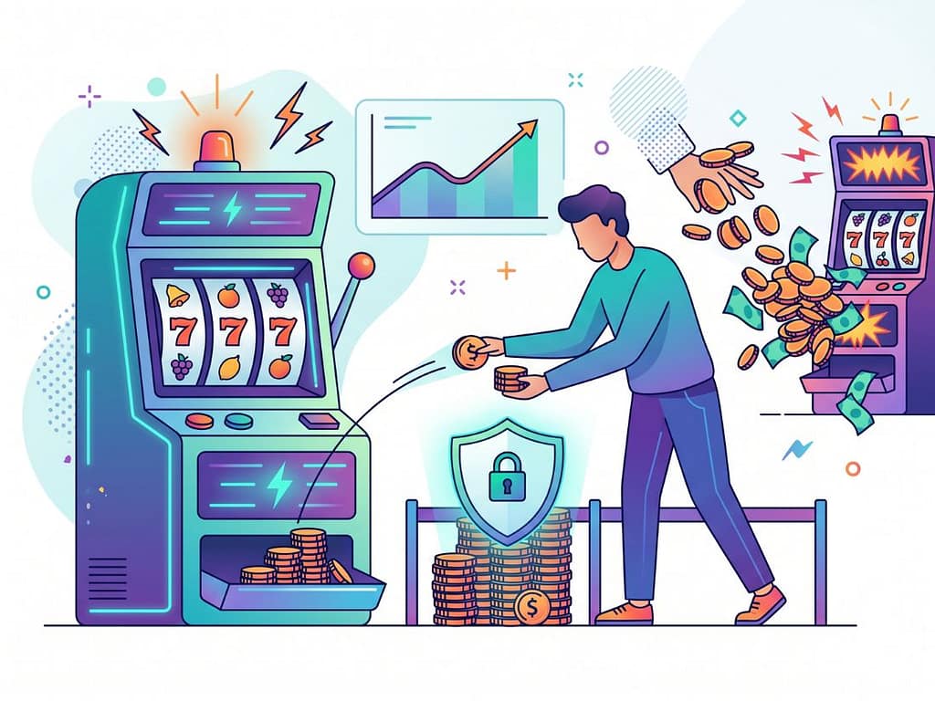 슬롯머신 앞에서 방패와 잠금 기호로 보호된 시드머니를 관리하며 전략적으로 게임을 운영하는 플레이어의 모습.