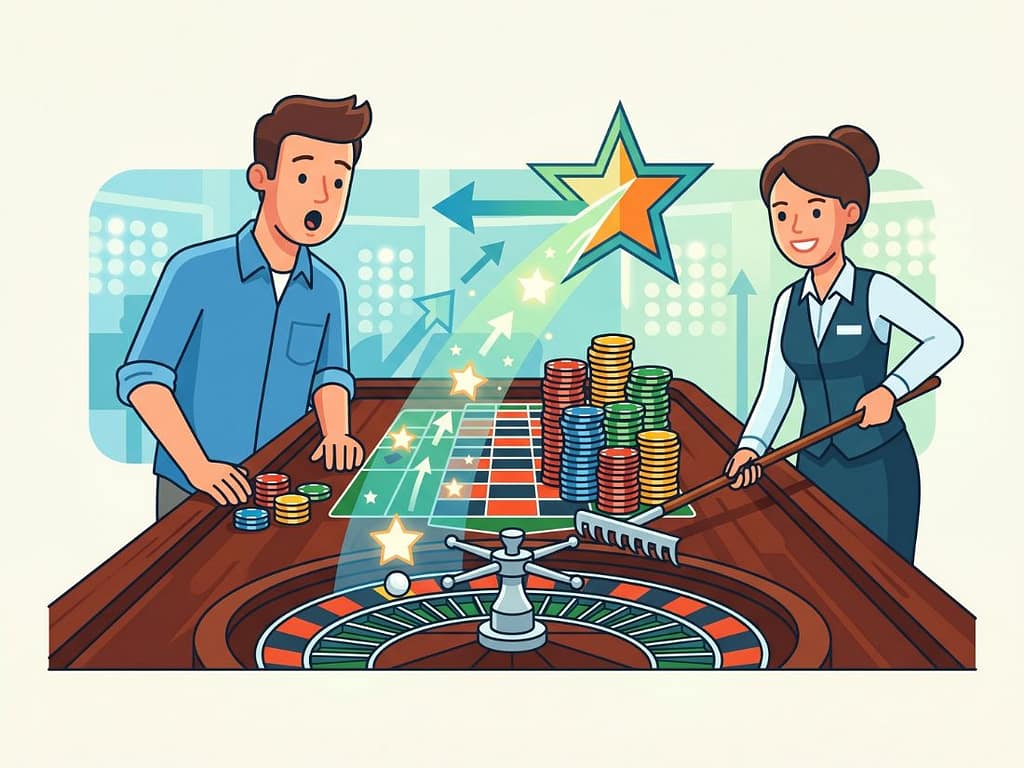 룰렛 처음 할 때 돈을 따는 이유를 상징하는 장면으로, 플레이어가 행운의 당첨에 놀라며 수익을 얻는 모습.