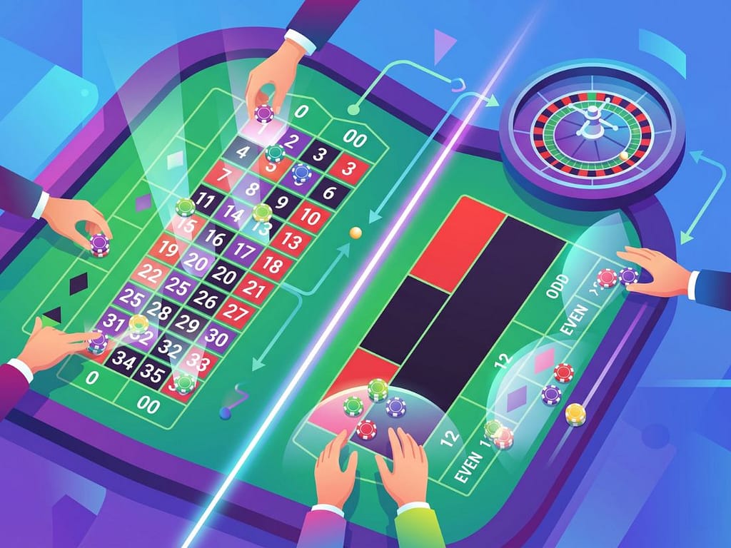 룰렛 베팅 방법 중 인사이드와 아웃사이드 구역의 레이아웃 차이를 시각화한 그래픽. 테이블 배치와 칩 위치 비교.