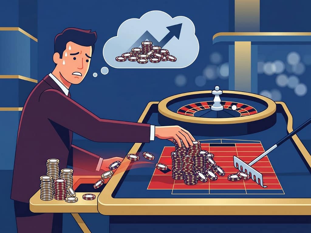 스트레스받은 룰렛 도박꾼이 본전 생각에 거액 베팅을 하며 시드머니가 소진되어가는 모습.