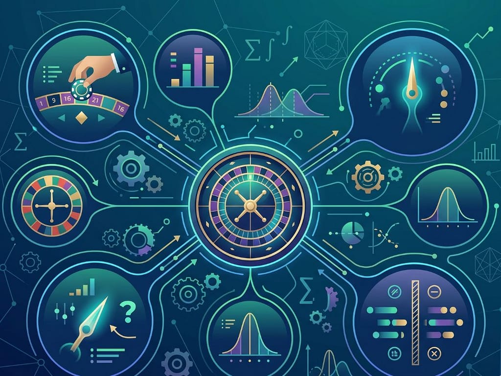 룰렛 확률 통계의 핵심인 독립 시행의 법칙을 수학적 기호와 데이터 네트워크로 형상화한 전략 시각 자료.