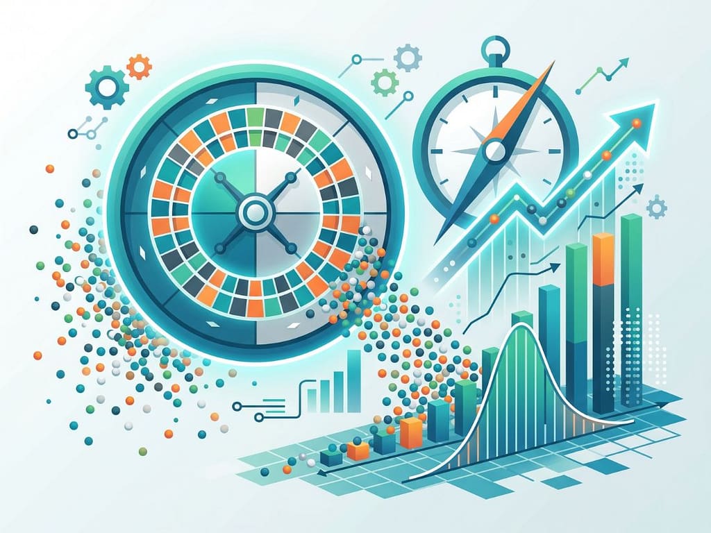 룰렛 휠에서 흩어지는 수많은 데이터 포인트가 장기적인 통계 그래프와 확률 분포 곡선으로 수렴하는 모습.